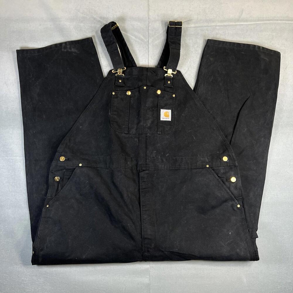 Carhartt Duck Bib Overalls Mens 50x32 Black Double Knee Canvas Workwear R01 BLK